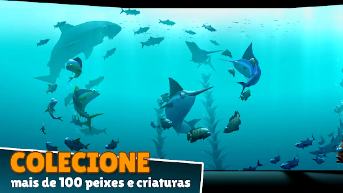 Vista subaquática em Creatures of the Deep com cardumes de peixes e tubarões