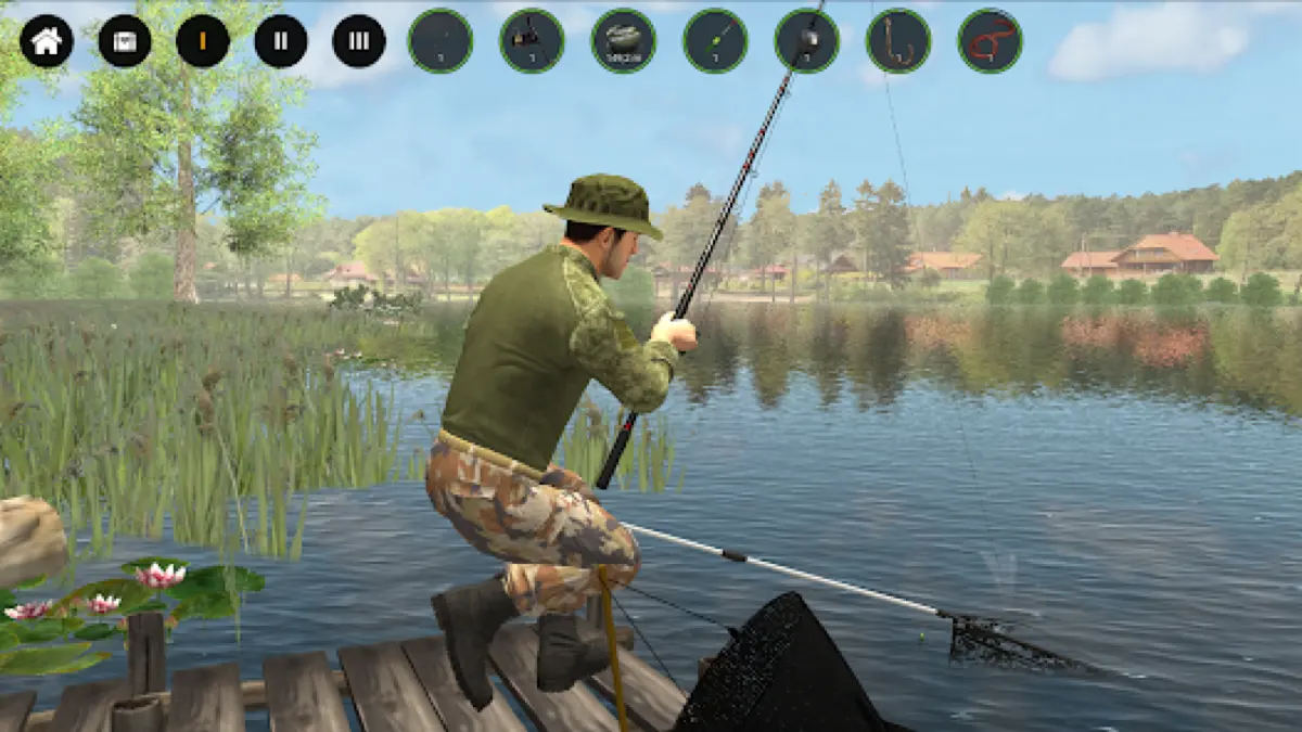 Pescador sentado num cais de madeira em Professional Fishing 2